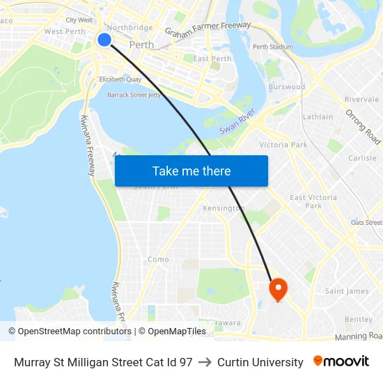 Murray St Milligan Street Cat Id 97 to Curtin University map