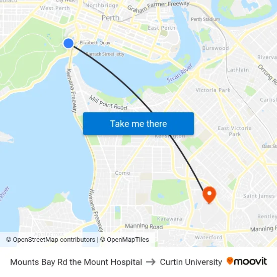 Mounts Bay Rd the Mount Hospital to Curtin University map