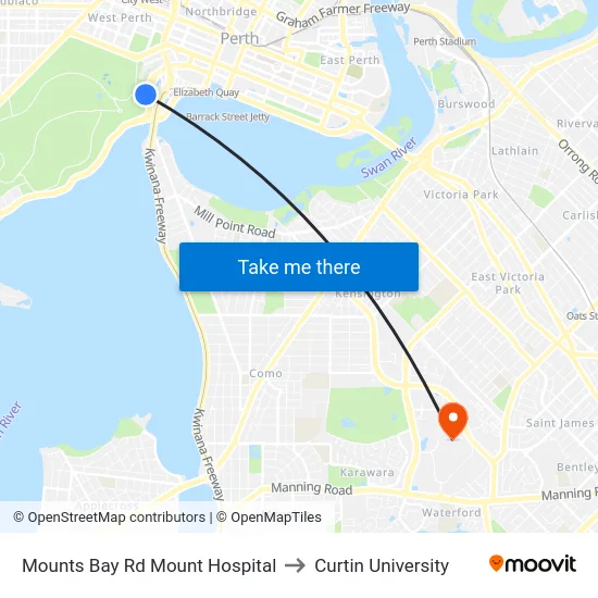 Mounts Bay Rd Mount Hospital to Curtin University map