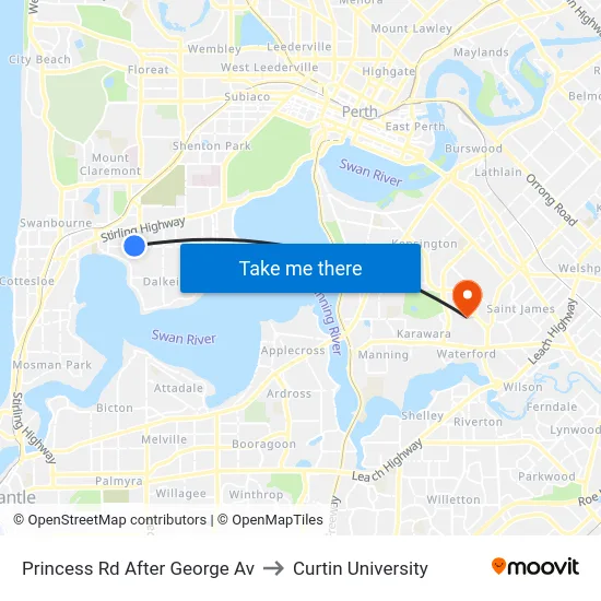 Princess Rd After George Av to Curtin University map