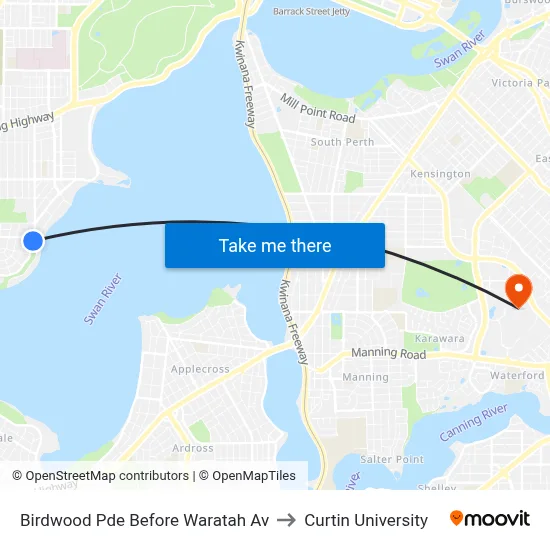 Birdwood Pde Before Waratah Av to Curtin University map
