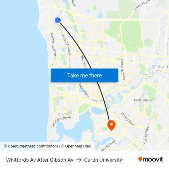 Whitfords Av After Gibson Av to Curtin University map
