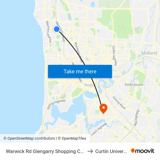Warwick Rd Glengarry Shopping Centre to Curtin University map