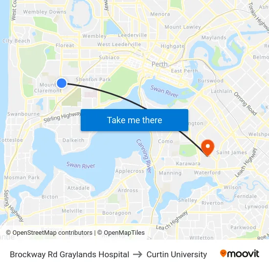 Brockway Rd Graylands Hospital to Curtin University map