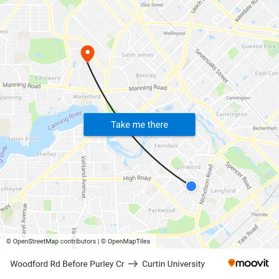 Woodford Rd Before Purley Cr to Curtin University map