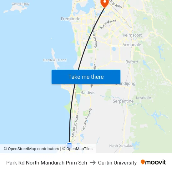 Park Rd North Mandurah Prim Sch to Curtin University map