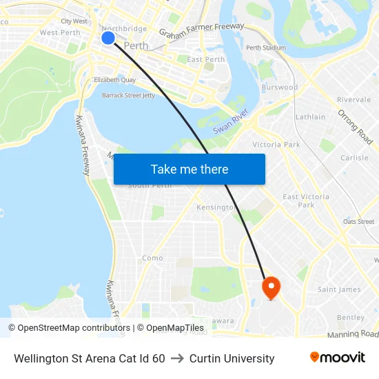 Wellington St Arena Cat Id 60 to Curtin University map