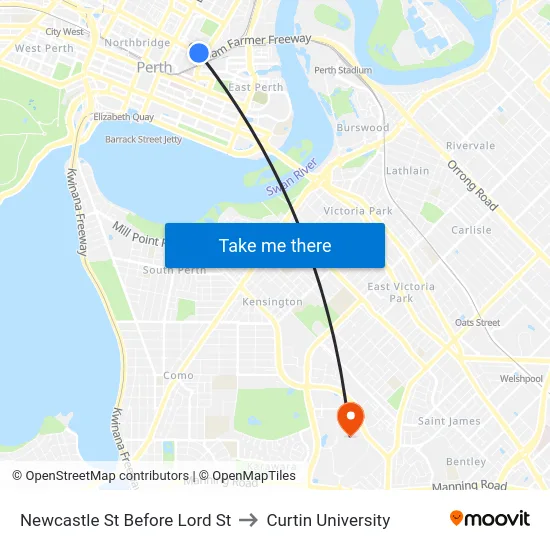 Newcastle St Before Lord St to Curtin University map