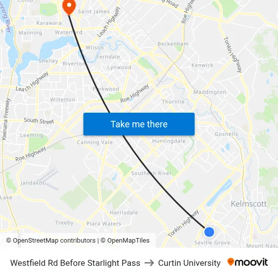 Westfield Rd Before Starlight Pass to Curtin University map