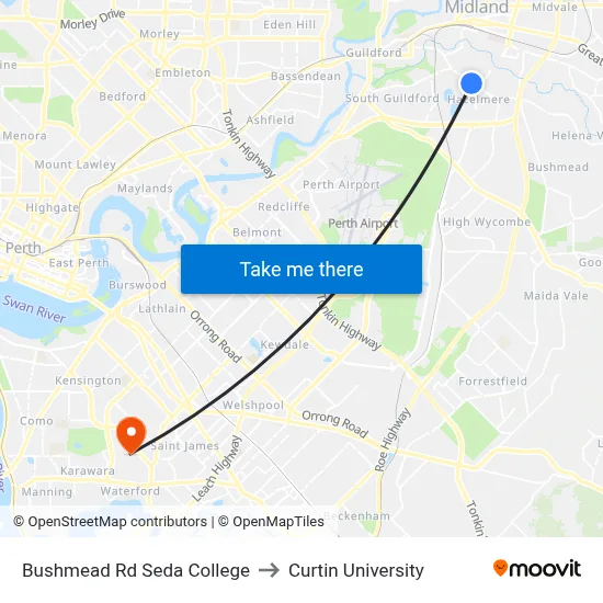 Bushmead Rd Seda College to Curtin University map