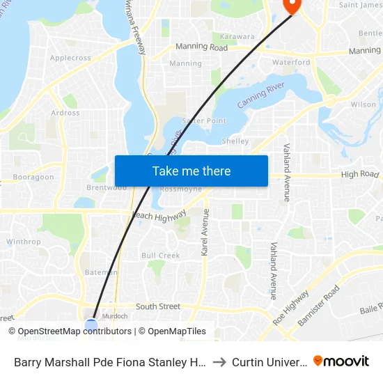 Barry Marshall Pde Fiona Stanley Hospital to Curtin University map