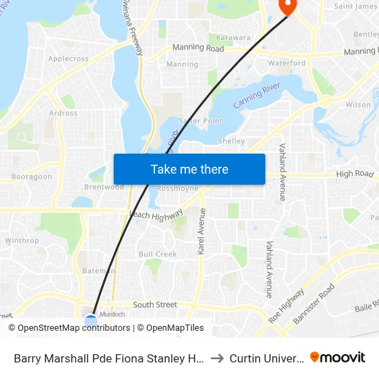 Barry Marshall Pde Fiona Stanley Hospital to Curtin University map