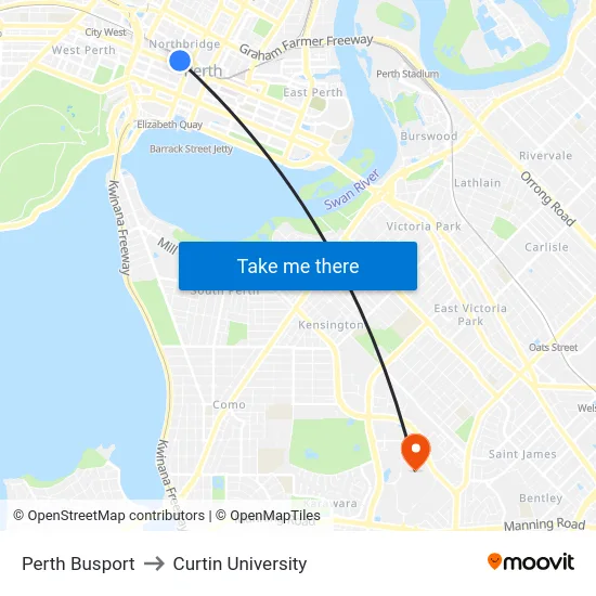 Perth Busport to Curtin University map