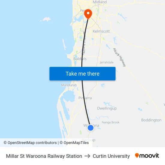 Millar St Waroona Railway Station to Curtin University map