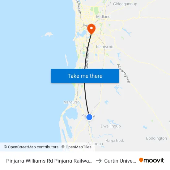 Pinjarra-Williams Rd Pinjarra Railway Station to Curtin University map