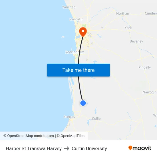 Harper St Transwa Harvey to Curtin University map