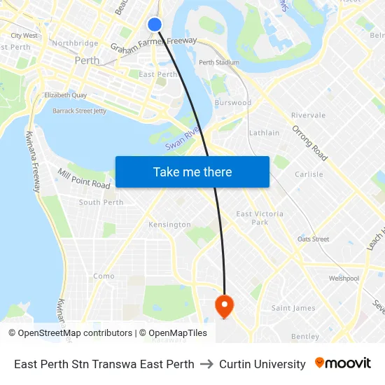 East Perth Stn Transwa East Perth to Curtin University map