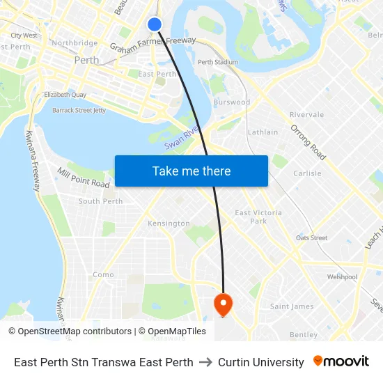 East Perth Stn Transwa East Perth to Curtin University map
