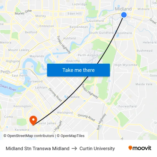 Midland Stn Transwa Midland to Curtin University map