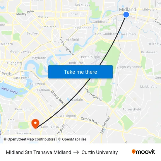 Midland Stn Transwa Midland to Curtin University map