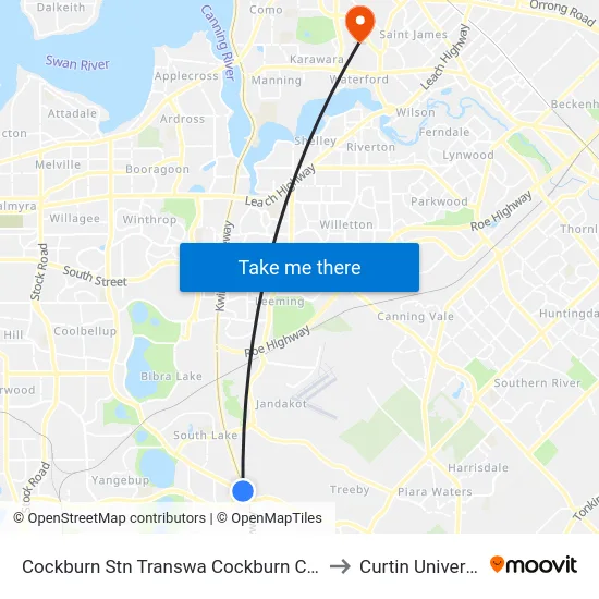 Cockburn Stn Transwa Cockburn Central to Curtin University map