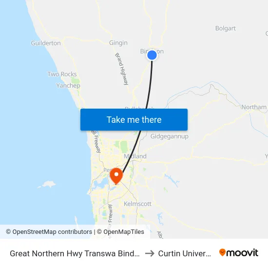 Great Northern Hwy Transwa Bindoon to Curtin University map
