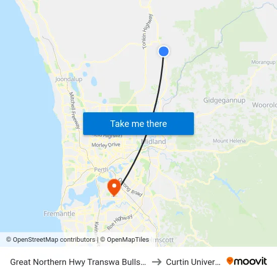 Great Northern Hwy Transwa Bullsbrook to Curtin University map