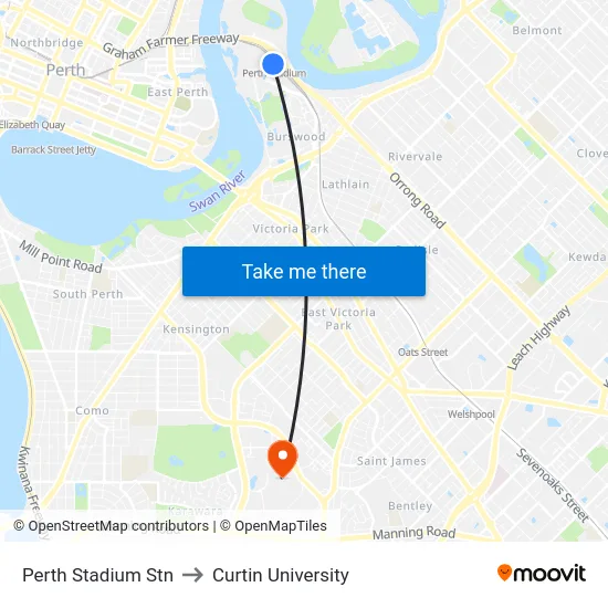 Perth Stadium Stn to Curtin University map