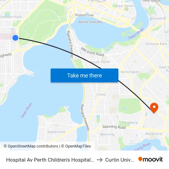 Hospital Av Perth Children's Hospital Cat Id 116 to Curtin University map