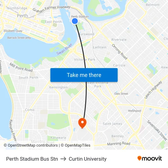 Perth Stadium Bus Stn to Curtin University map