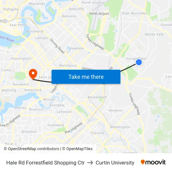 Hale Rd Forrestfield Shopping Ctr to Curtin University map