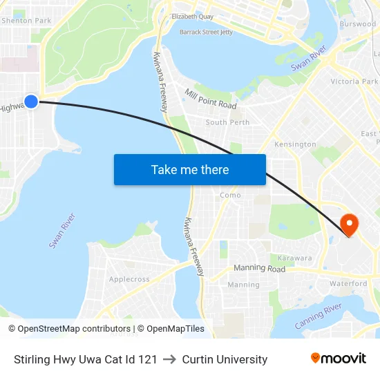 Stirling Hwy Uwa Cat Id 121 to Curtin University map