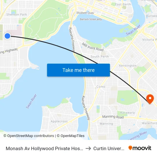 Monash Av Hollywood Private Hospital to Curtin University map