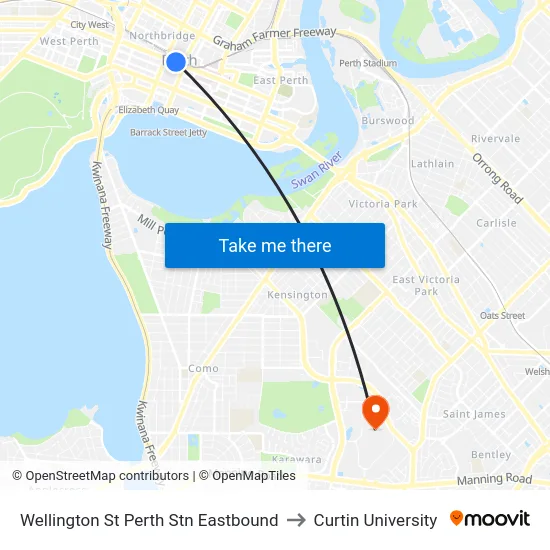 Wellington St Perth Stn Eastbound to Curtin University map