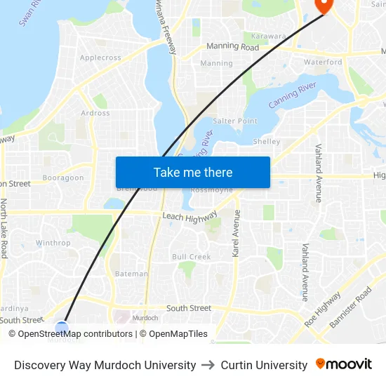 Discovery Way Murdoch University to Curtin University map