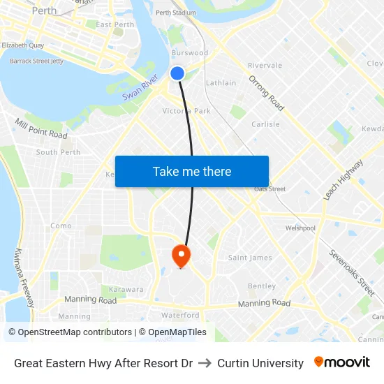 Great Eastern Hwy After Resort Dr to Curtin University map