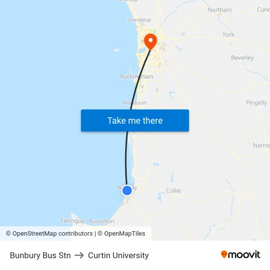 Bunbury Bus Stn to Curtin University map