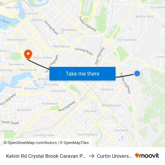 Kelvin Rd Crystal Brook Caravan Park to Curtin University map