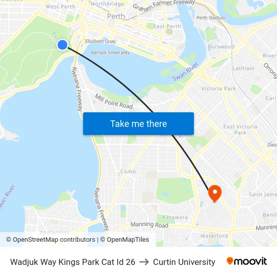 Wadjuk Way Kings Park Cat Id 26 to Curtin University map