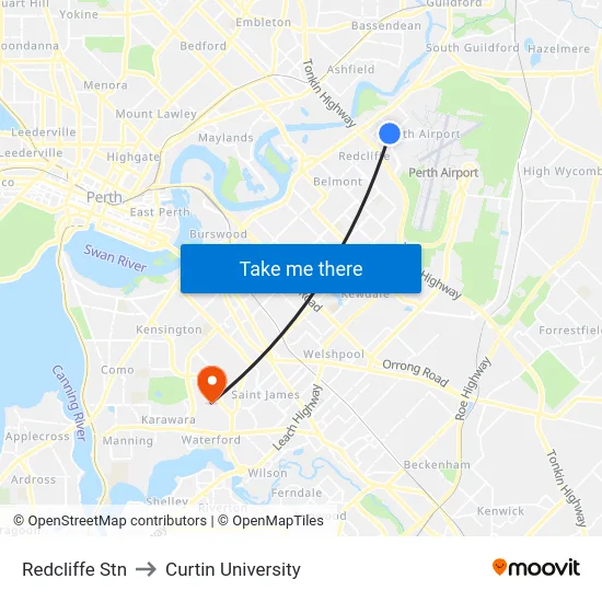 Redcliffe Stn to Curtin University map
