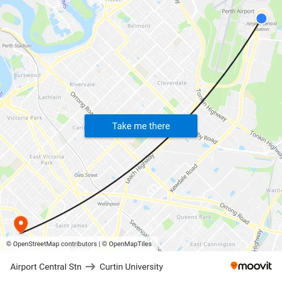 Airport Central Stn to Curtin University map