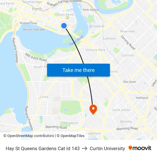 Hay St Queens Gardens Cat Id 143 to Curtin University map