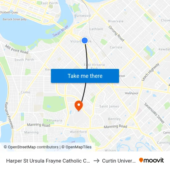 Harper St Ursula Frayne Catholic College to Curtin University map