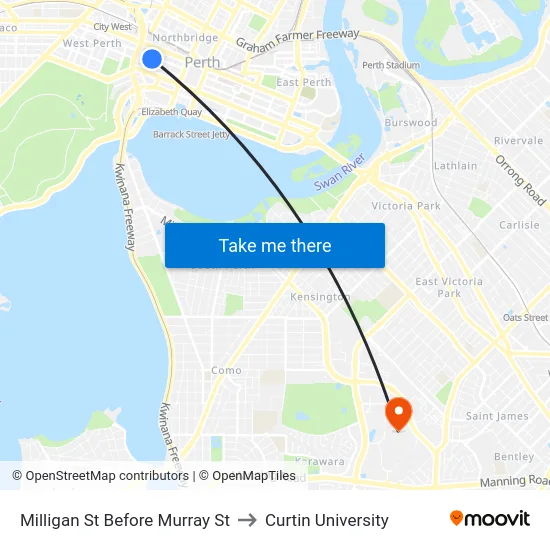 Milligan St Before Murray St to Curtin University map