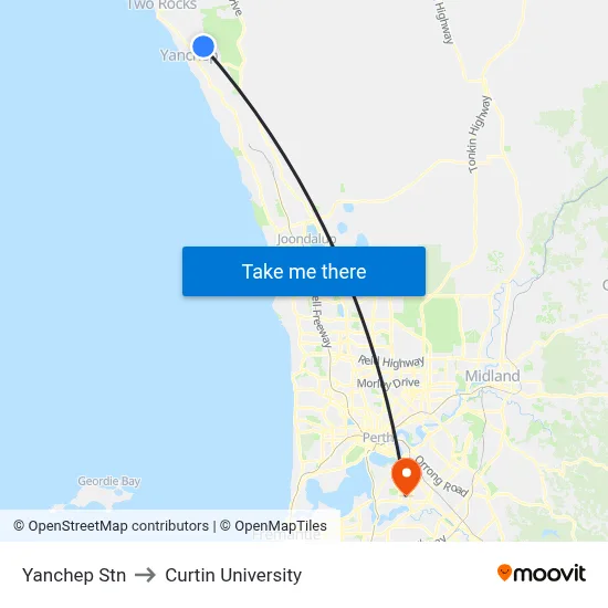 Yanchep Stn to Curtin University map