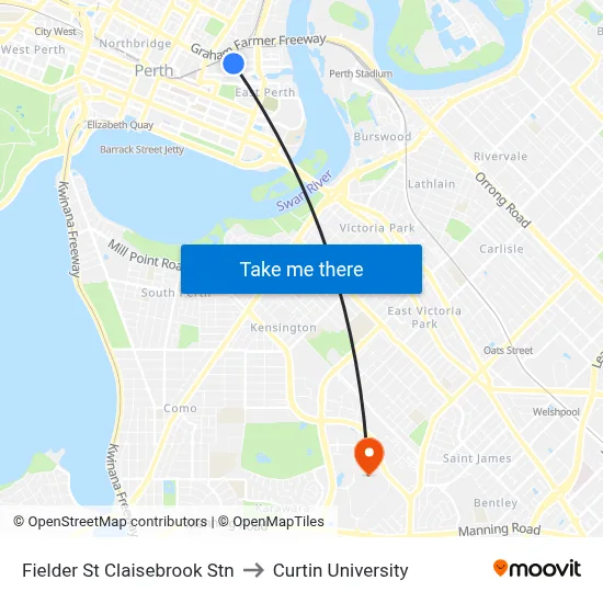 Fielder St Claisebrook Stn to Curtin University map