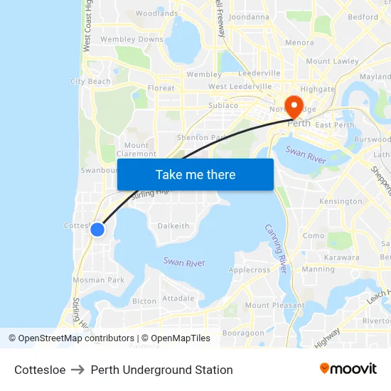 Cottesloe to Perth Underground Station map