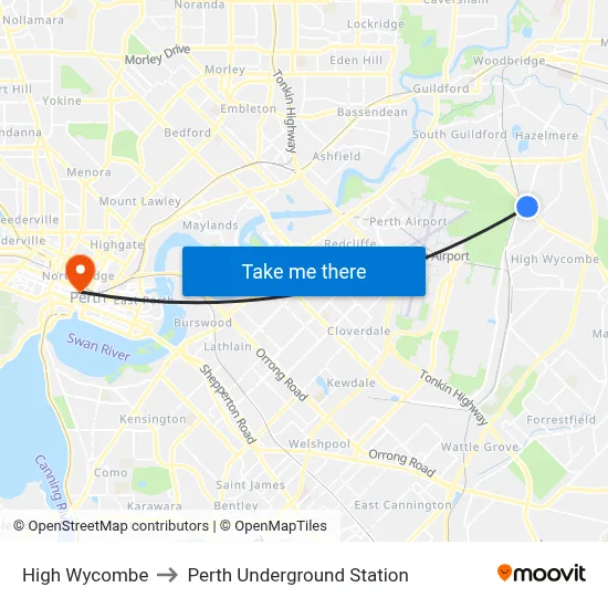 High Wycombe to Perth Underground Station map