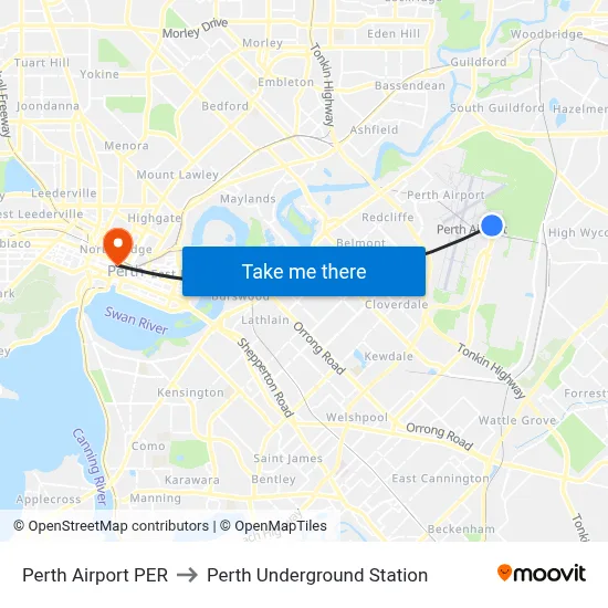 Perth Airport PER to Perth Underground Station map