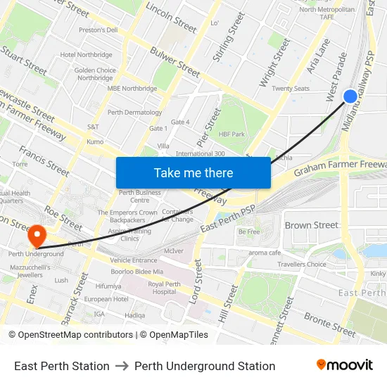 East Perth Station to Perth Underground Station map